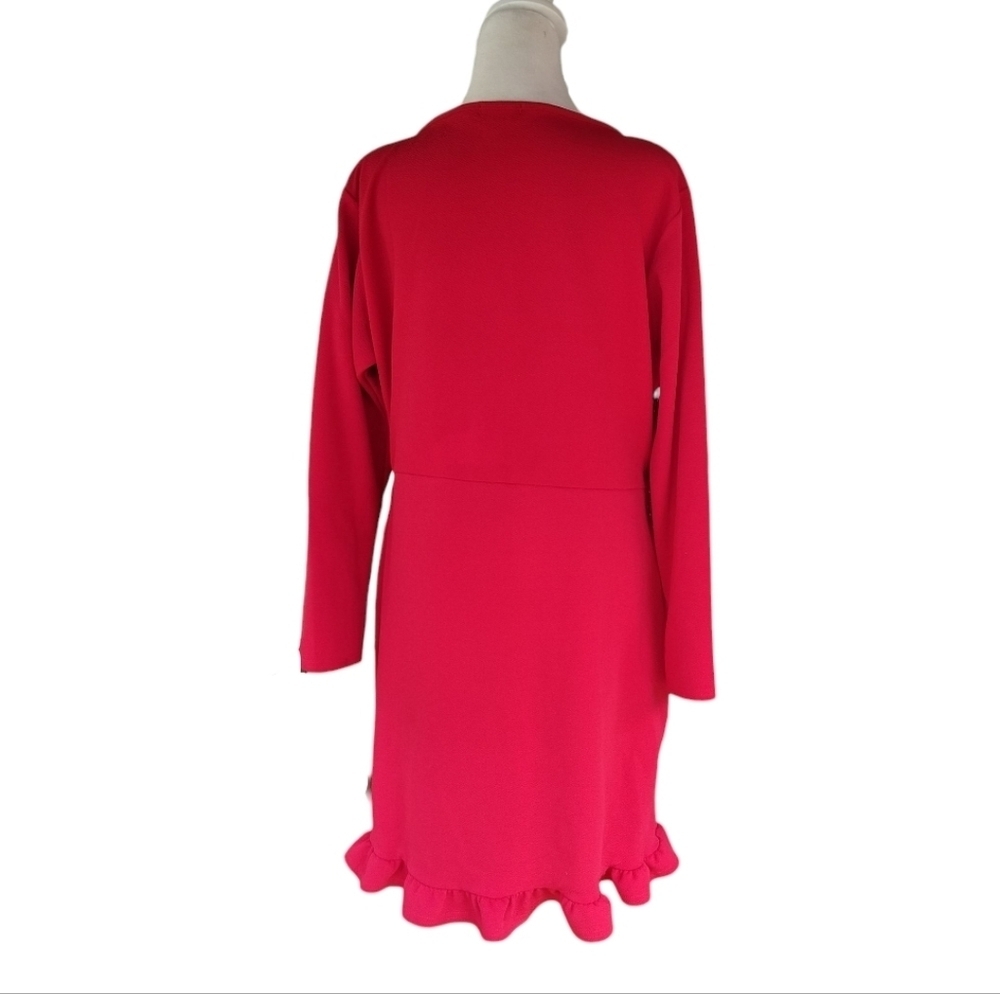 Pretty Little Thing Red Wrap Front Ruffle Detail Long Sleeve Dress Size 14 - Picture 6 of 9
